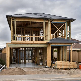 New single storey home under construction with the roof frame going on
