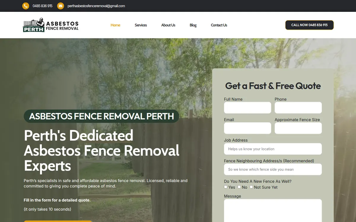 The Perth Asbestos Fence Removal homepage, a website The Lead Gen Lab built on a new domain.