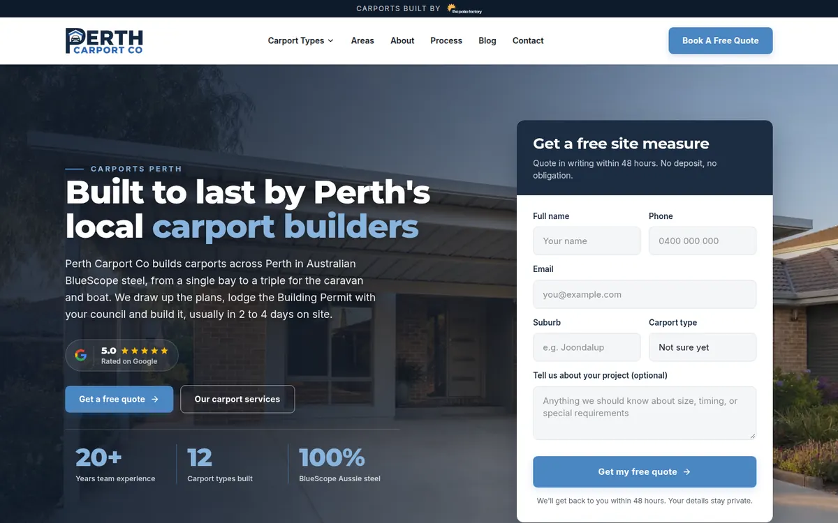 The Perth Carport Co homepage, a website The Lead Gen Lab built on a new domain.