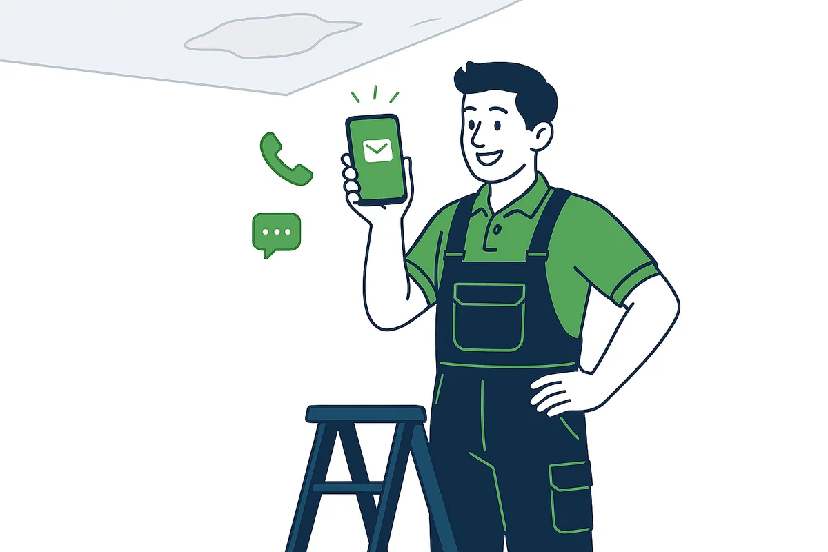 Illustration of a plasterer receiving an exclusive plastering lead on his phone beside a repaired ceiling