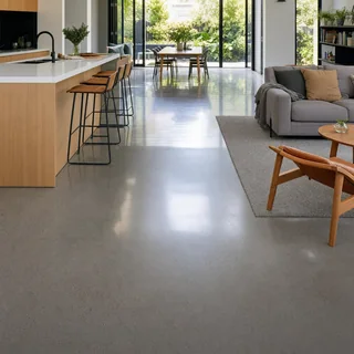 Polished concrete floor inside a modern open plan home