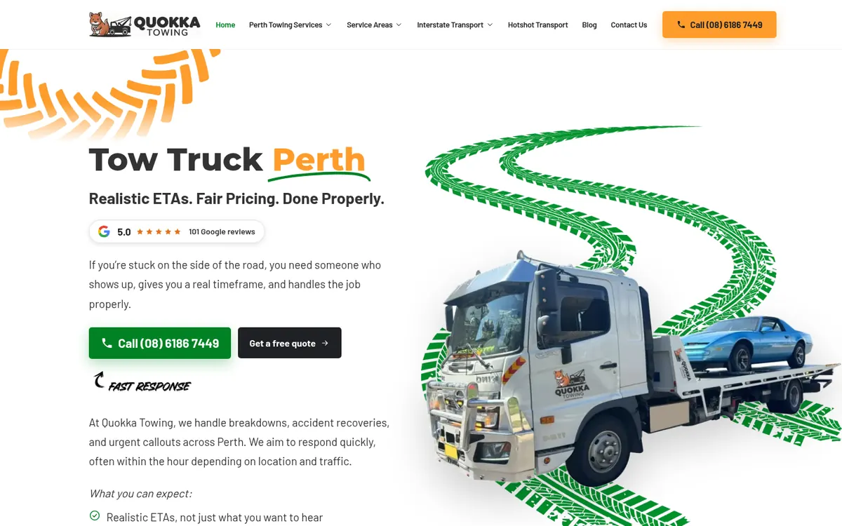 The Quokka Towing homepage, a website The Lead Gen Lab built on a new domain.