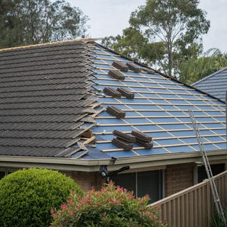 New metal roof sheets being installed over a stripped house frame