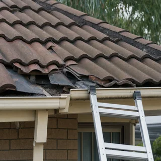 Roofer sealing a leaking section of tile roof during a repair