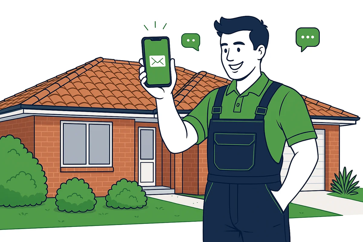 Illustration of a roofer receiving an exclusive roofing lead on his phone in front of a newly restored tile roof
