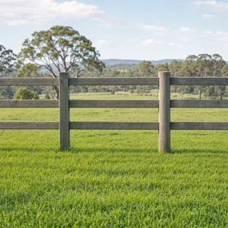 Post and rail timber stock fence across a green paddock