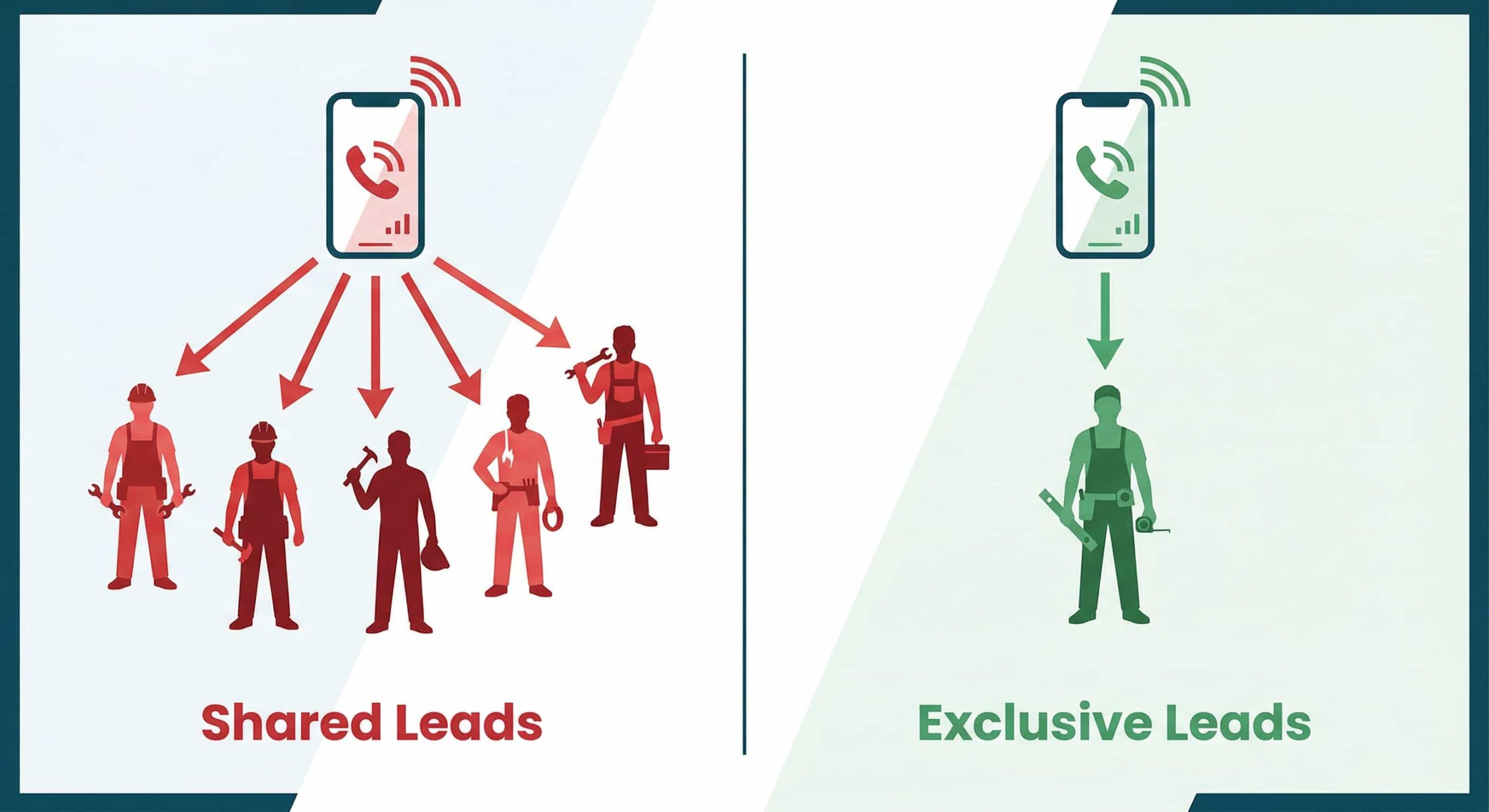 Split-screen infographic comparing shared leads with multiple trades receiving enquiries versus exclusive leads sent to a single tradesperson.