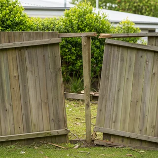 Storm damaged timber fence with leaning panels needing repair