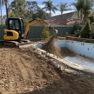 Concrete swimming pool shell being broken out and removed from a backyard