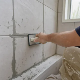 Tiler regrouting a section of shower wall tiles with white grout