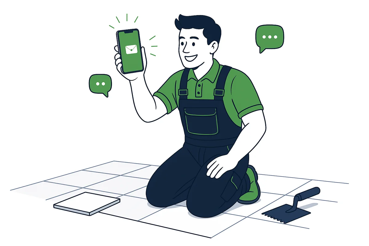 Illustration of a tiler receiving an exclusive tiling lead on his phone beside a freshly tiled bathroom wall