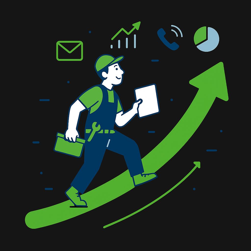 Tradie climbing a green growth arrow, symbolising business growth through lead generation.