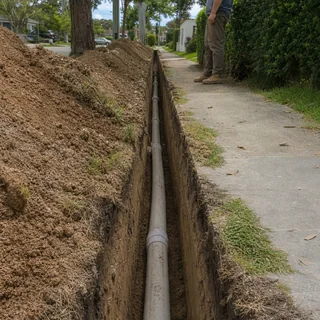 Narrow service trench dug along the side of a residential property