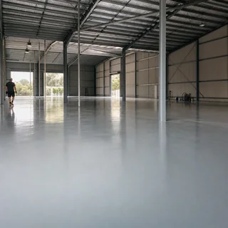 Wide industrial warehouse floor finished in light grey epoxy coating