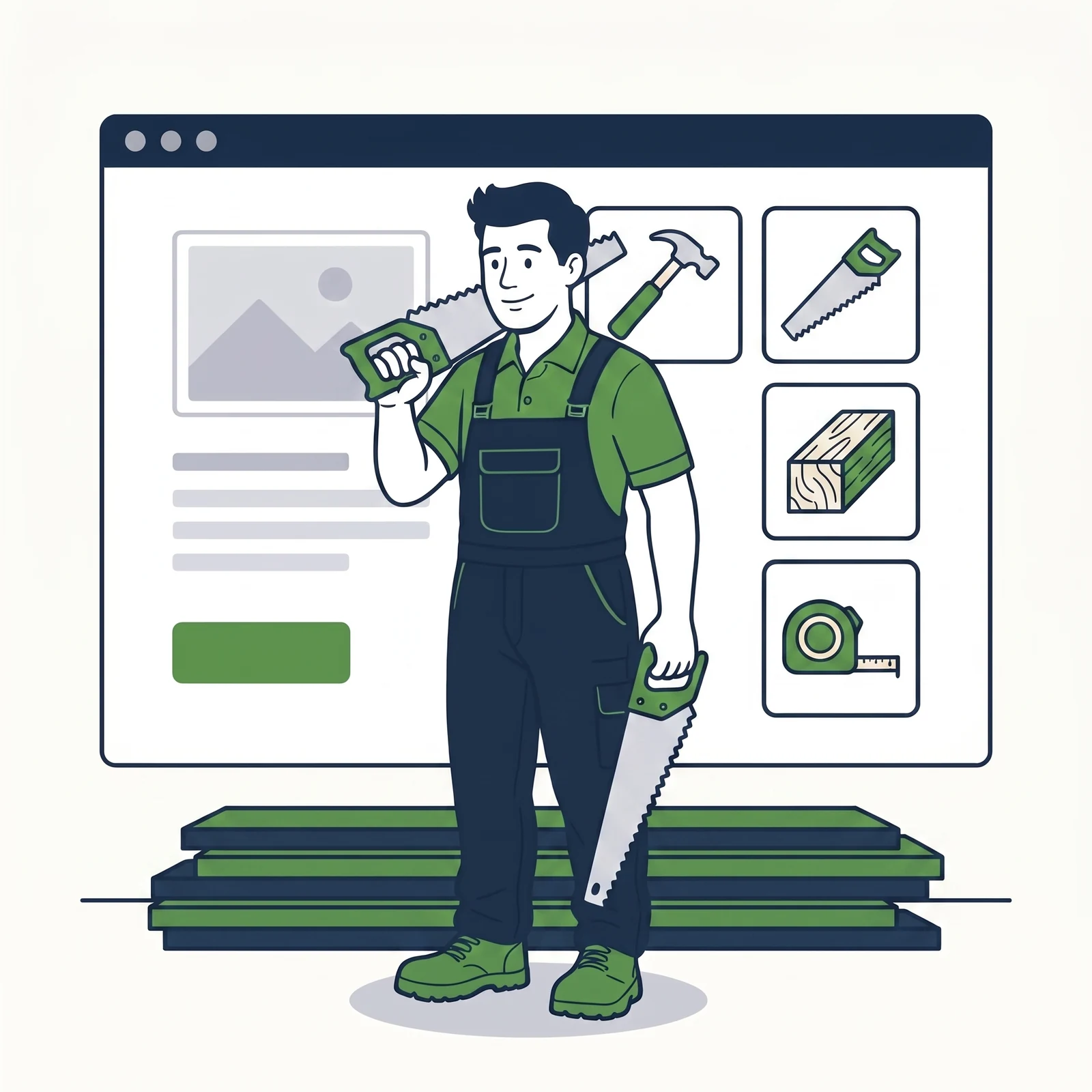 Flat illustration of a carpenter holding a hand saw beside a browser window showing a carpentry website with service tiles and a quote button.
