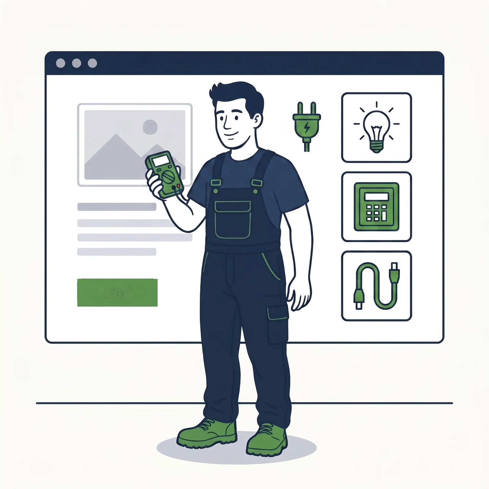 Flat illustration of an electrician holding a test meter beside a browser window showing an electrical services website with service tiles and a call button.