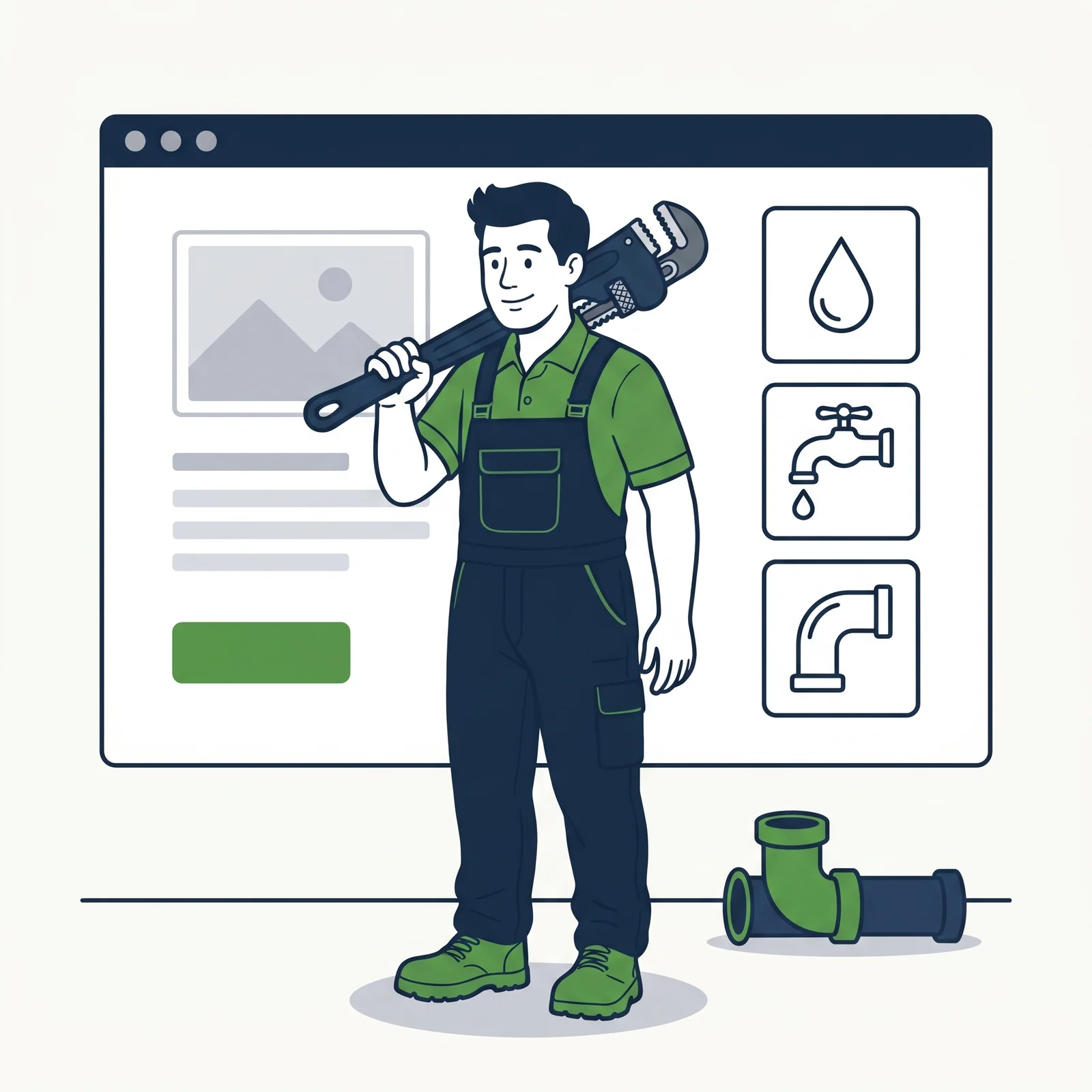 Flat illustration of a plumber holding a pipe wrench beside a browser window showing a plumbing website with service icons and a quote button.