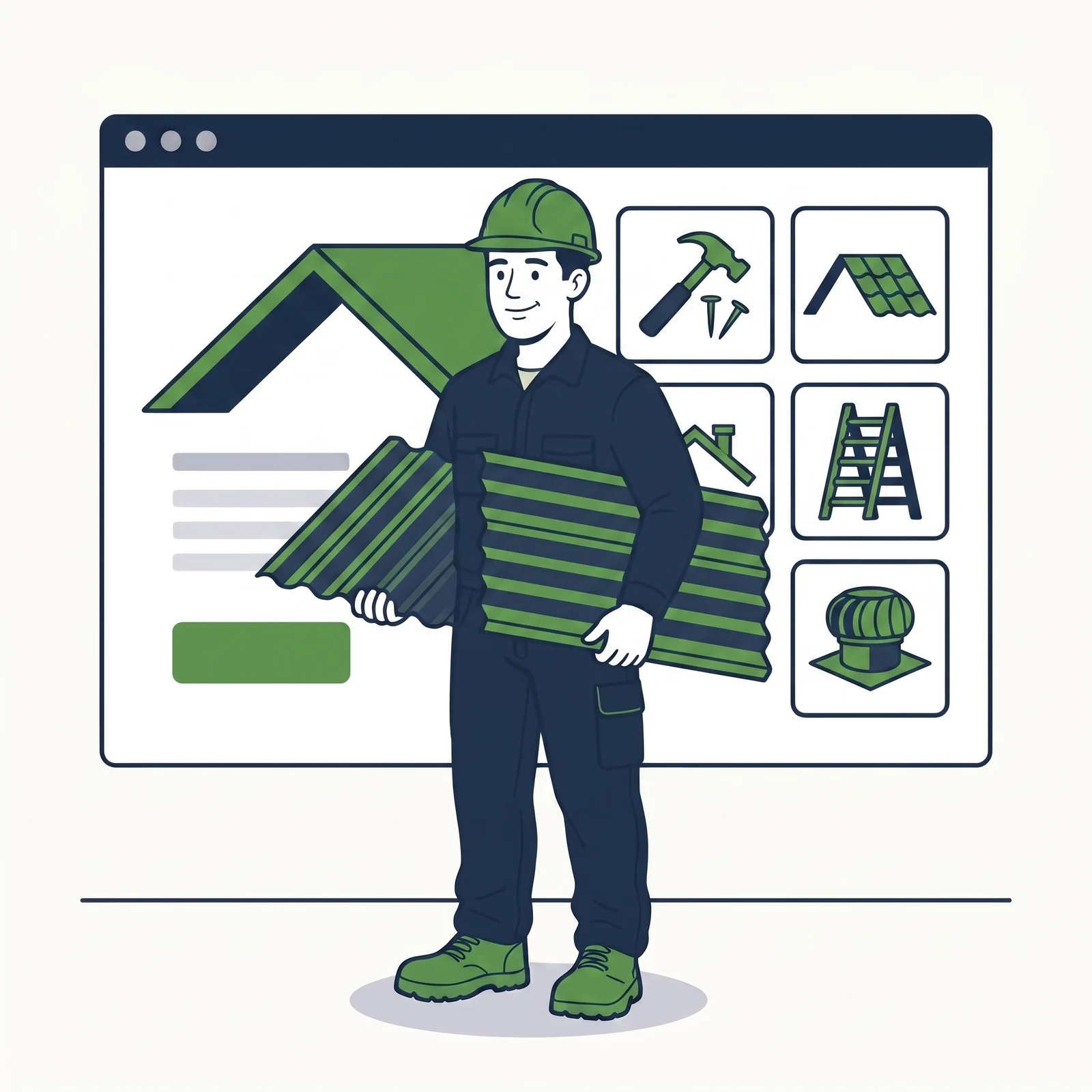 Flat illustration of a roofer holding a sheet of roofing beside a browser window showing a roofing website with service tiles and a quote button.